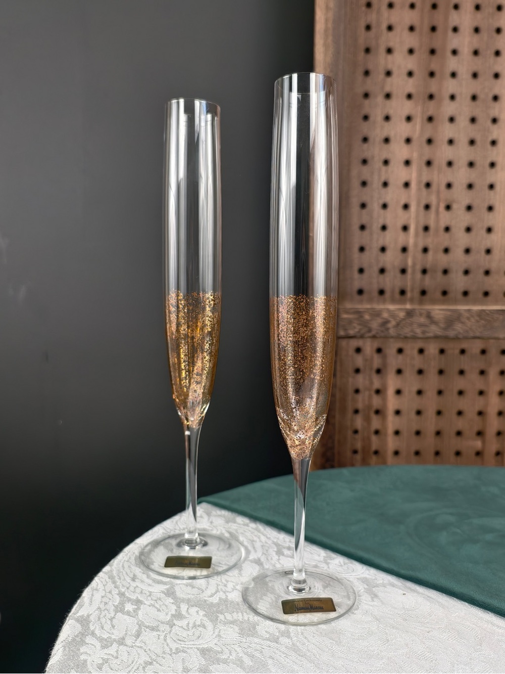 Vintage Neiman Marcus Gold Glitter Tall Champagne Flutes Pair